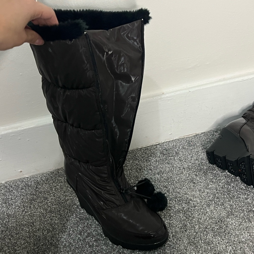 Chocolate Brown Quilted Knee-High Boots with Pom Poms - Picture 5 of 8